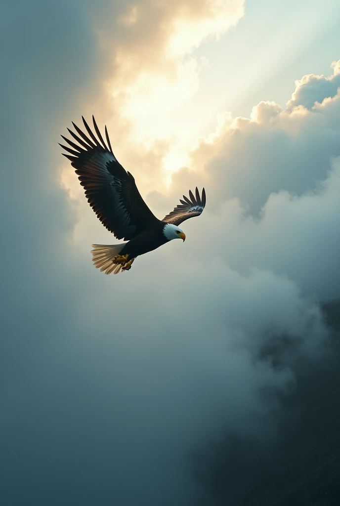 photo from behind, ultra high definition, large aperture lens, An eagle flying above the clouds, breaking through the dense fog with the ray of sunshine piercing part of the clouds,