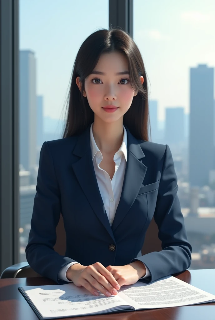 A Japanese woman in a navy blue suit during a business meeting
