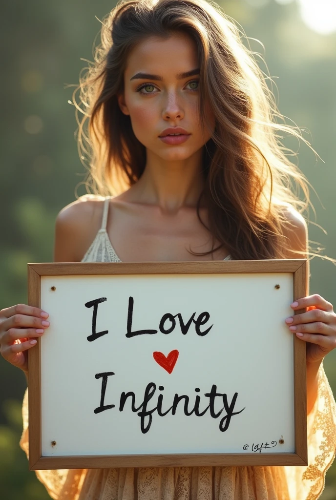 Beautifully girl with wavy long hair, bohemian dress, holding a white board with text "I Love 🪑 Infinity" and showing it to the viewer