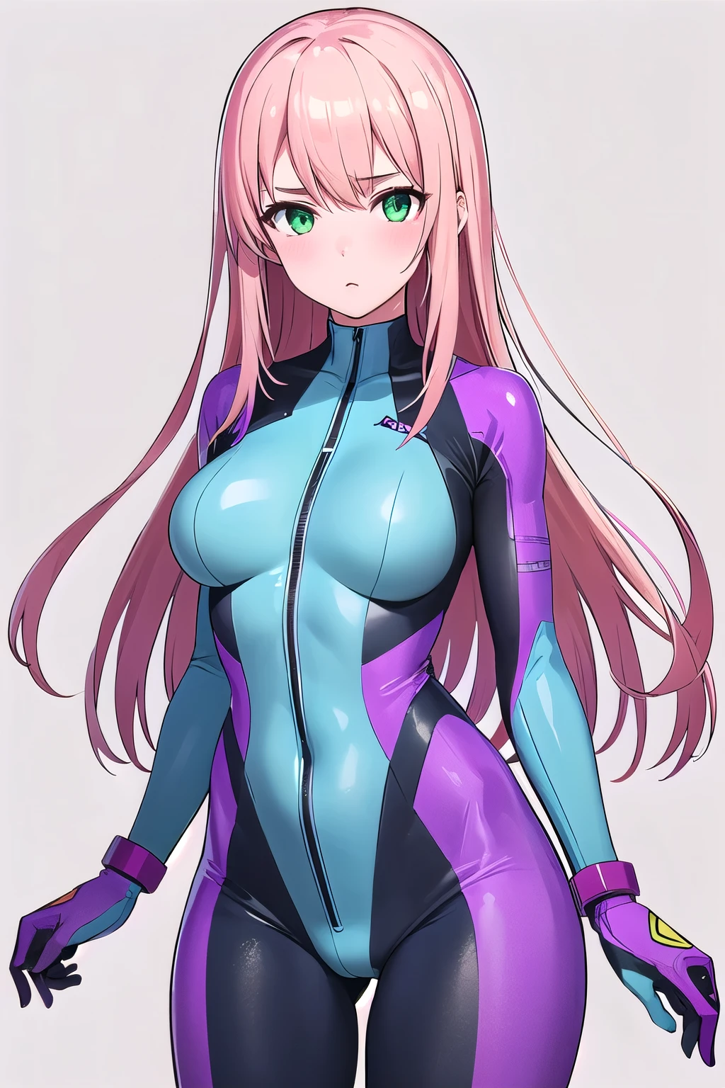 1 girl,Samus aran,solo,green eyes, pink hair, forehead   hair, white zero suit,white body suit,purple stripes,cowboy shot,blush,,Science fiction,ultra-detailed,sharp focus,aesthetic,(best quality), white background