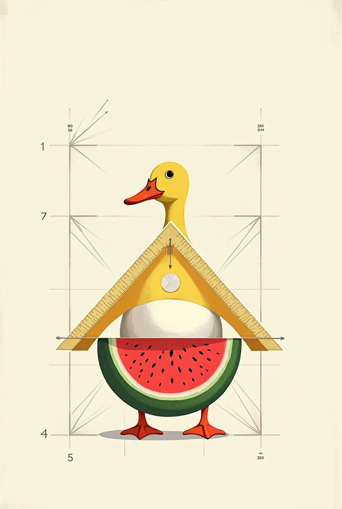 diagrammatic combination between a duck, a watermelon and a protractor