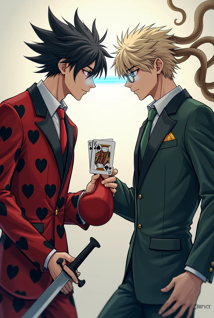 two young men facing each other: one with black and red hair ,black and red suit with a design of black and red hearts ,with a sword in his right hand and a deck of cards in the other hand,The other guy in a dark green suit,light blonde hair made of snakes only his hair ,in his right hand a red cap and in the other some glasses ,He's about to fire a soft blue laser from his eyes