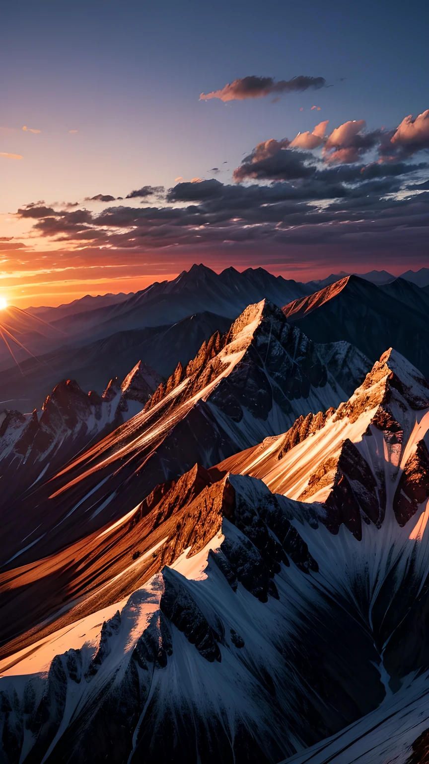 The sunset spreads over the outline of the mountains,The mountains were dyed orange,Contrasts sharply with the deep blue of the sky