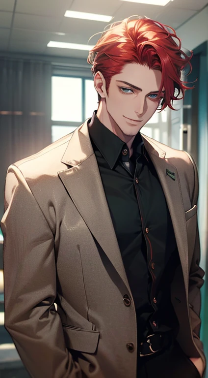 (best quality, masterpiece, 8K, photorealistic, cinematic lighting, hdr image, ultra detailed, beautiful image), a mature man, very handsome, smile, short grey red hair, green eyes, perfect face without errors, ((buttoning the jacket, CEO))