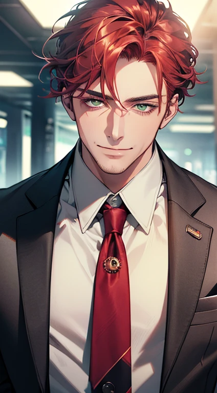 (best quality, masterpiece, 8K, photorealistic, cinematic lighting, hdr image, ultra detailed, beautiful image), a mature man, very handsome, smile, short grey red hair, green eyes, perfect face without errors, ((buttoning the jacket, CEO))