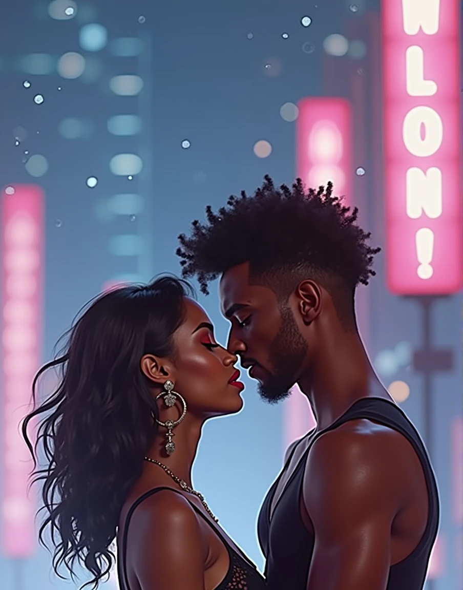 a close-up shot of a handsome black man short haircute and an Afro-Latina woman red lips kissing, their lips close together, cinematic lighting, romantic atmosphere, detailed facial features, beautiful skin tones, chiaroscuro lighting, dramatic shadows, intense eye contact, passionate embrace, high quality, photorealistic, 8k, cinematic, dramatic