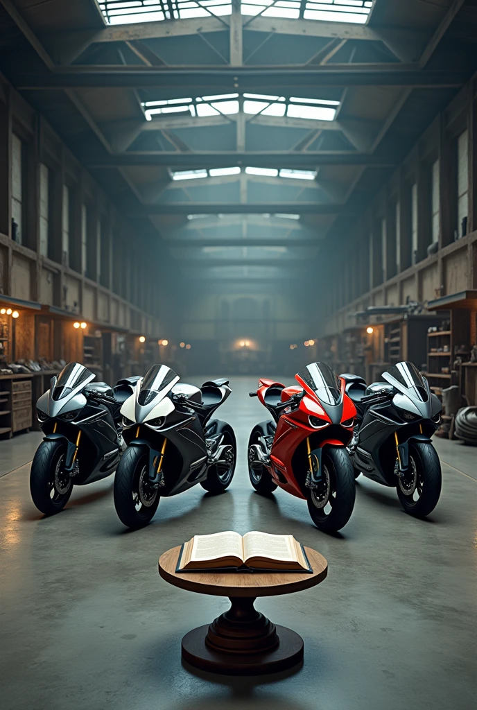 You are my professional image generator. Por favor, Create an image of four motorcycles in a large warehouse.. In front of the motorcycles, a small table. On top of the small table, an open holy bible.