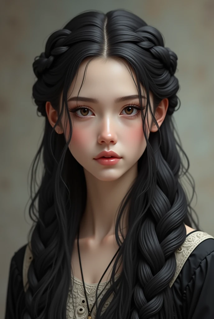 Full body, a woman with long hair with a big braid in her hair, black hair in braids, girl with plaits, long braided hair on top of head, box braids, long black braids, portrait sophie mudd, woman with braided brown hair, braids, long braids, braids in hair, elegant fantasy style braids, pigtails hairstyle, neat braided hair, pigtail braids