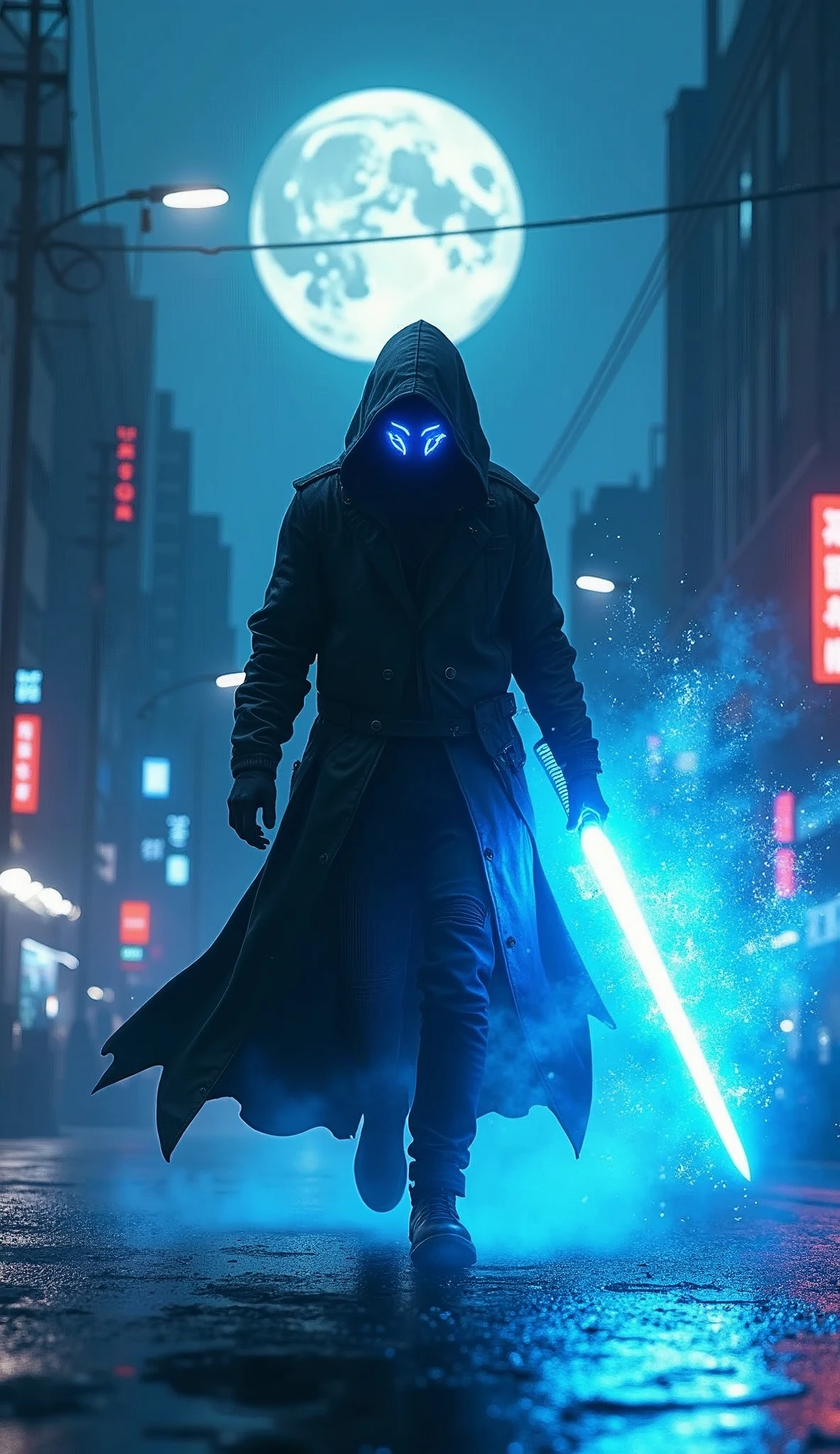 A dynamic and intense image of a mysterious, hooded warrior wielding a glowing blue energy weapon, walking through a dark, neon-lit city street under the light of a full moon. The figure is shrouded in a black cloak, with only the eerie blue glow from his eyes and weapon illuminating his face. Energy swirls around him, creating an aura of power as he strides forward with purpose, leaving a trail of blue light in his wake. The urban environment around him is detailed with towering buildings and scattered neon signs, enhancing the cyberpunk atmosphere. The cool, electric blue contrasts sharply with the dark shadows of the night, emphasizing the warrior's ominous and formidable presence.
(((cyberpunk warrior in neon cityscape))), full-body shot, low angle, dramatic blue lighting BREAK ((best quality:1.6)), ((high details:1.5)), ((highres:1.5)), ((4K:1.5)), ((glowing blue energy:1.3)), ((dynamic motion:1.3)) BREAK inspired by the styles of Greg Rutkowski | Josan Gonzalez | Beeple | Syd Mead.