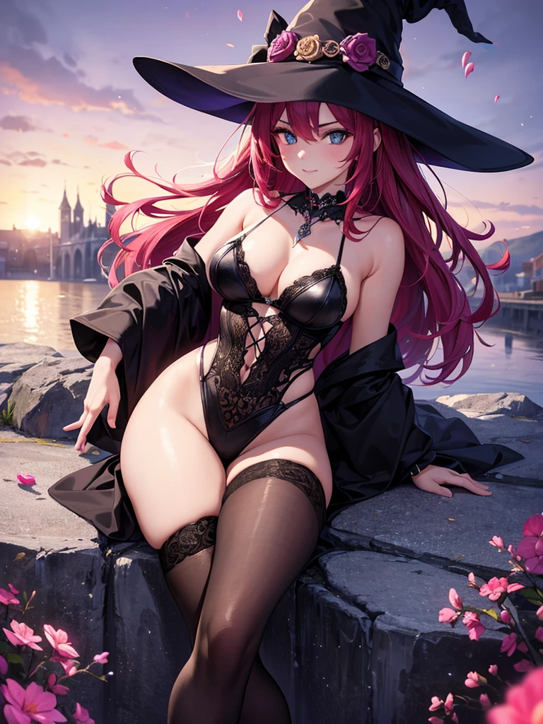 (highest quality:1.2, Very detailed, Latest, Vibrant, Ultra-high resolution, High Contrast, masterpiece:1.2, highest quality, Best aesthetics), (((1 girl))), Sexy witch, Mature woman's body, Seductive body lines, Narrow waist, Witch Robe, Witch Hat, An elegant robe with a red and black design., Skirt with slit, A dress with fine lace, gem, detailed ornaments, Purple Tent, Decorated purple flowers, Dark color palette, Insufficient lighting, Witch-made potion, Magic circle and tapestry hanging on the wall, silver hair, heart style sunglass,