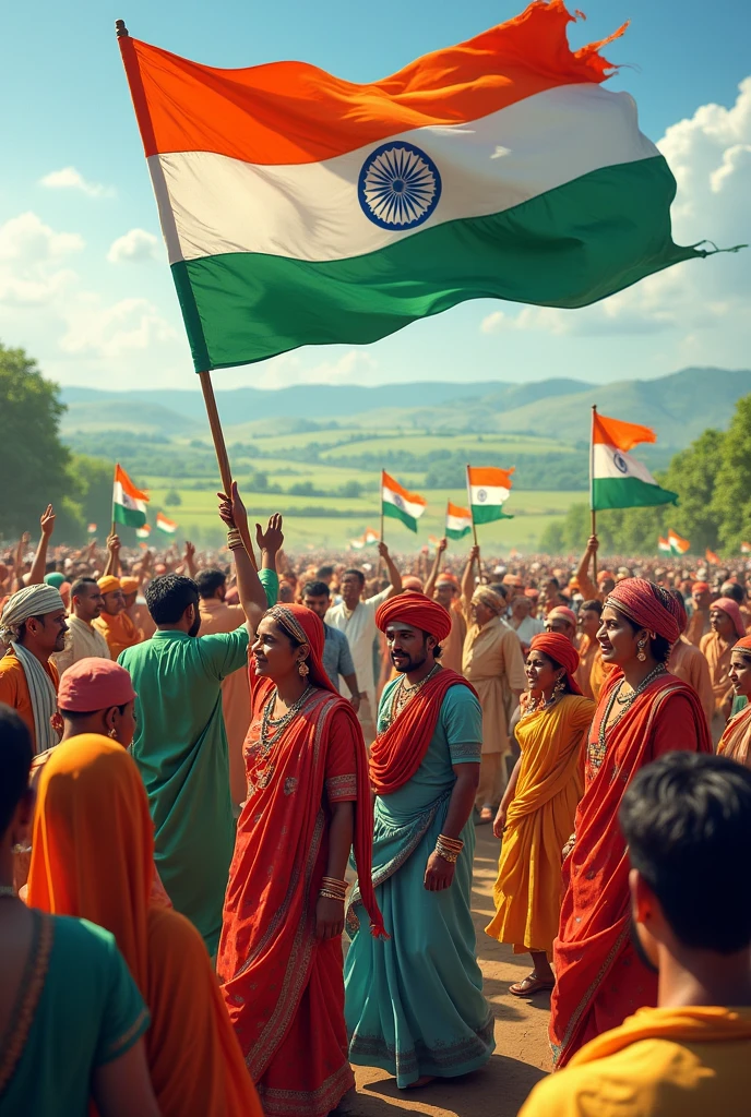 Indian independence in farmers with flag with Jhabua and Alirajpur traditional dress 