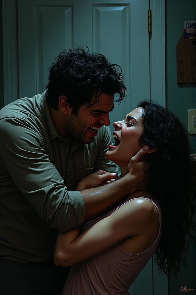a couple having a fight, the boyfriend is chocking the girlfriend,the room is dim
