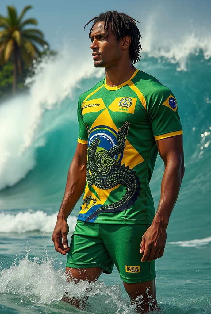 Create an Olympic uniform (the 2024 Olympics) with the theme of Brazilian fauna (alligator) I would like the surf option (may you be on the surfboard)