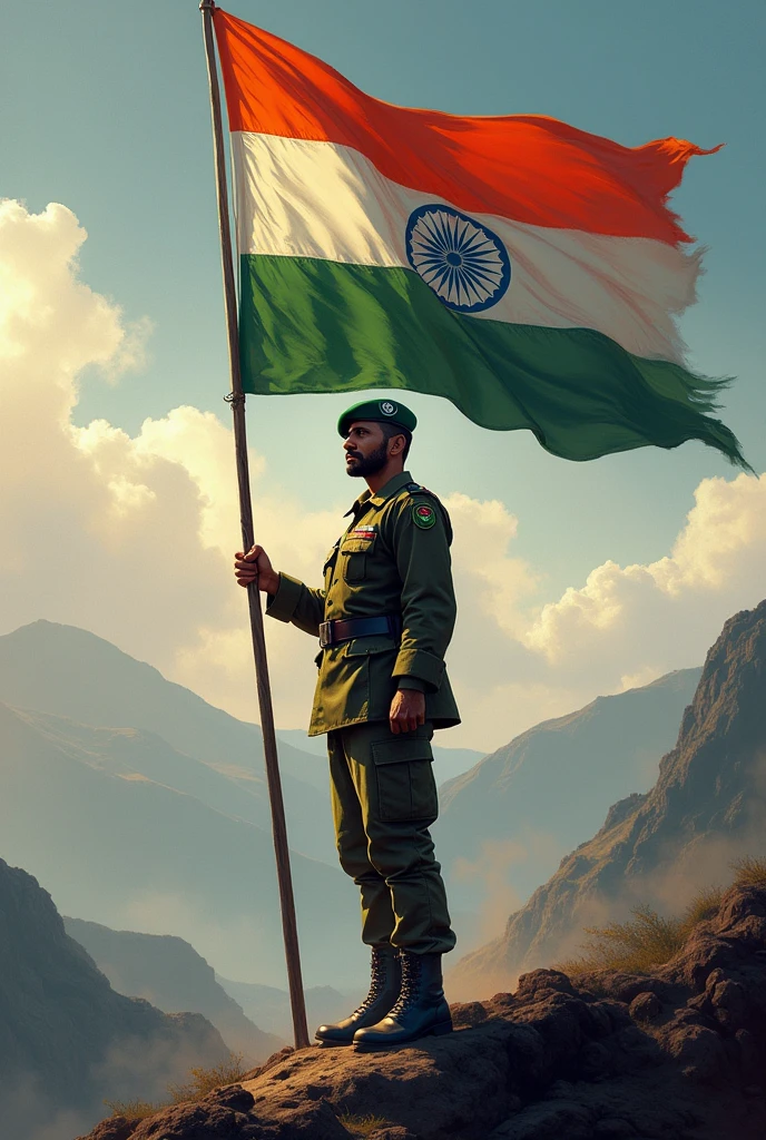 A Indian soldiers with Indian Flag