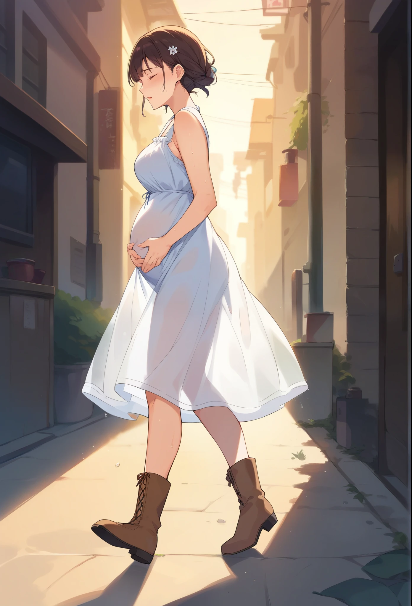 score_9, score_8_up, score_7_up, uncensored, source_anime, 1 woman, ((thin woman who ate too much, stuffed belly)), big belly,  lize1st, hair ornament, ((thin sundress with light filtering through)), ((transparent dress, backlighting)) knee high lace-up boots, tall boots, choker necklace, ((goth girl)) (( waddling)), walking with trouble), (tense emotions:1.1), sweat, tired, eyes closed, gasp, side view, street, sunset, light shaft, ((hands on own belly)),  gothmom, multicolored hair, hair over eyes
