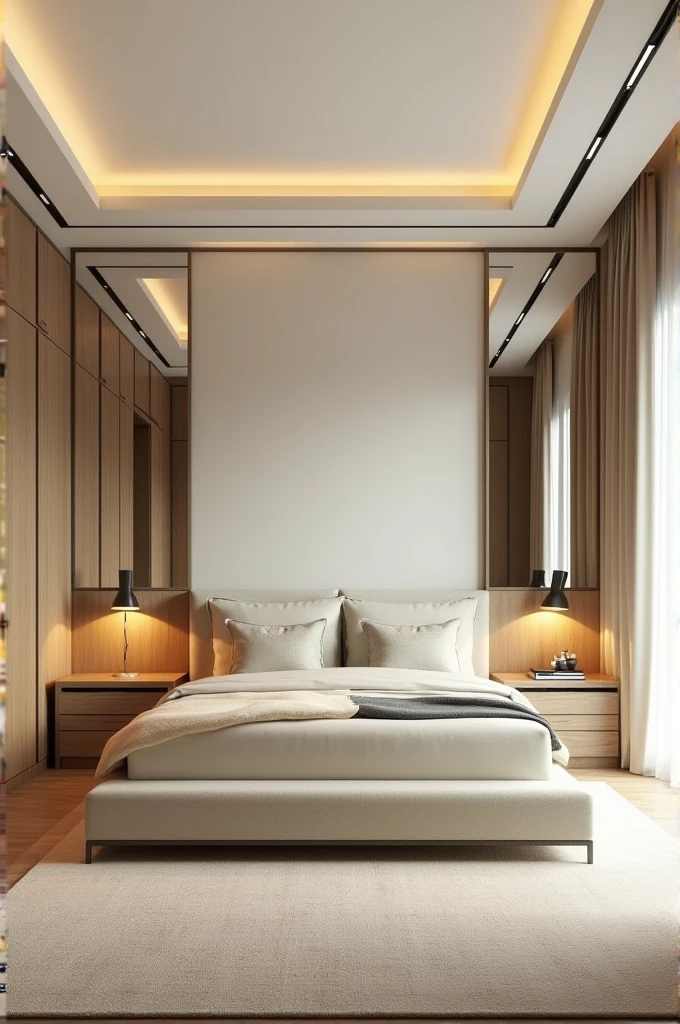 Professional 3d architecture rendering design of modern and gold French design for bedroom with light cream painting wall and light cream closet and modern bed with light moss and light thunder and light beige color tem and modern ceiling lighting and modern windows and beautiful curtains and cream silk Persian carpet and wooden and glassy modern closet 