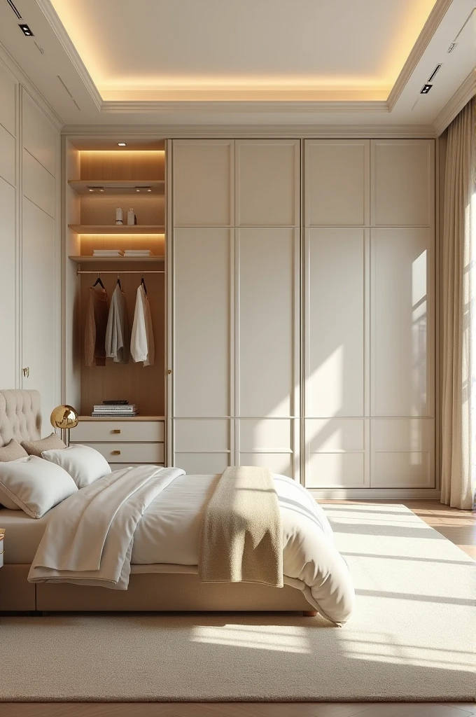 Professional 3d architecture rendering design of modern and gold French design for bedroom with light cream painting wall and light cream closet and modern bed with light moss and light thunder and light beige color tem and modern ceiling lighting and modern windows and beautiful curtains and cream silk Persian carpet and wooden and glassy modern closet 