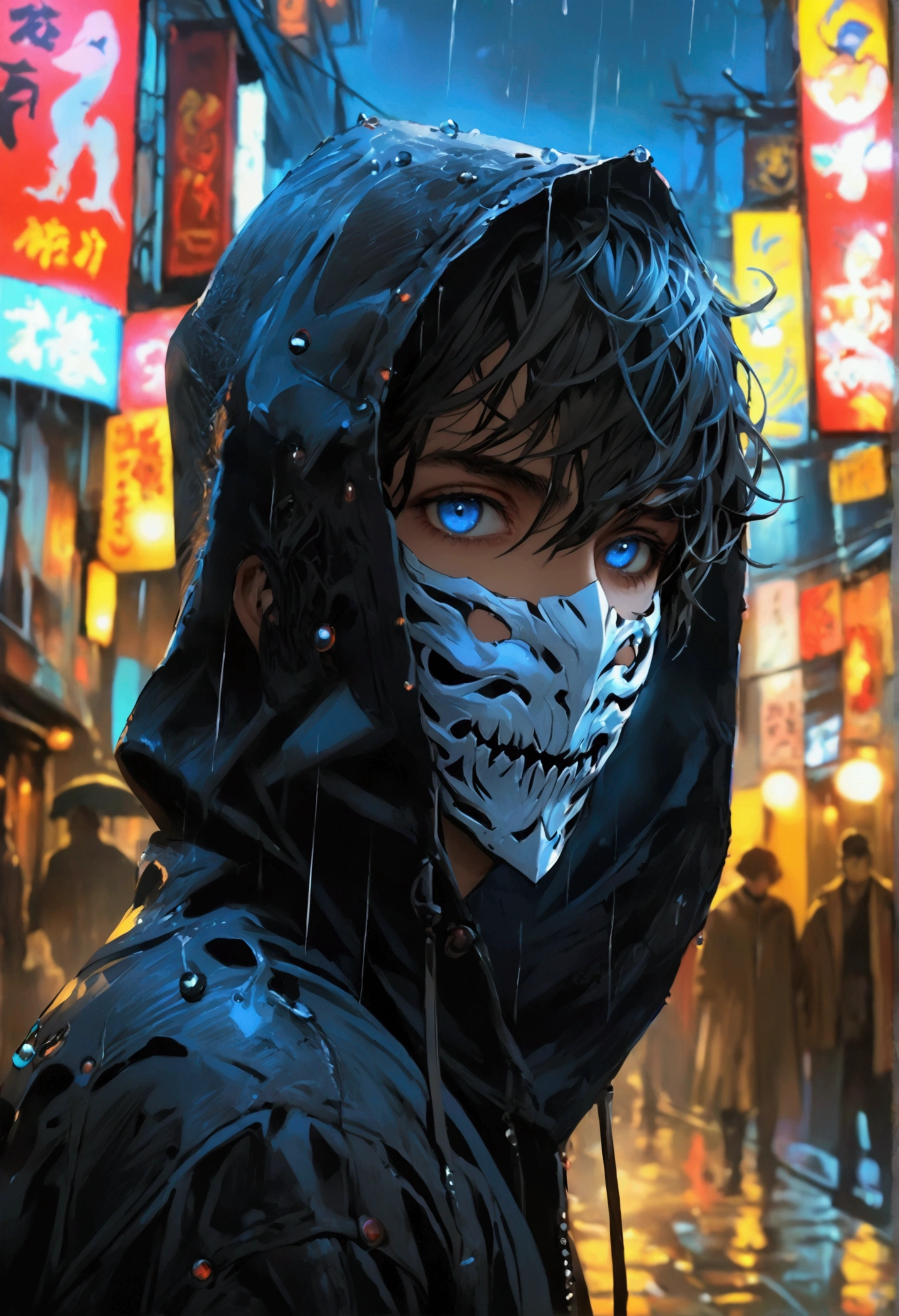 Realistic Digital Painting with Concept Art Elements"," digital painting," "concept art," "realistic," "high detail", "muscular",, "high-res", "ominous aura,", "8k resolution", "oil painting", "darker tone" , "little saturation" ,"dark feeling", "concept art" , "detailed features" , "detailed eyes" "1man" , "wide smile" , "head tiled a little" , "dangerous" , "mask over lower face" , "black hoodie" , "ripped jeans" , "dangerous" , "stalker" , "tinder dare gone wrong" , "modern era" , "non-fiction" "entire body visible" , "blue eyes" , "Tokyo background" , "nighttime" , "raining" " drenched", "muscular" , "full body"