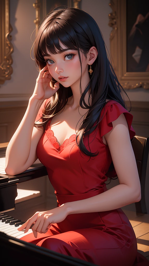 hyper realistic image of the highest quality, The perfect masterpiece, perfect work of art, 8k, a young and beautiful woman in a red dress playing piano on an illuminated stage, realistic oil painting, detailed face, detailed hands, chiaroscuro lighting, dramatic lighting, warm color tones, muted colors, elegant, cinematic, intricate details, photorealistic, 8k, high resolution, best quality, masterpiece, Annie Leibovitz style photography, ilya kuvshinov style, soft light, studio light, intricate details), majestic, aesthetic