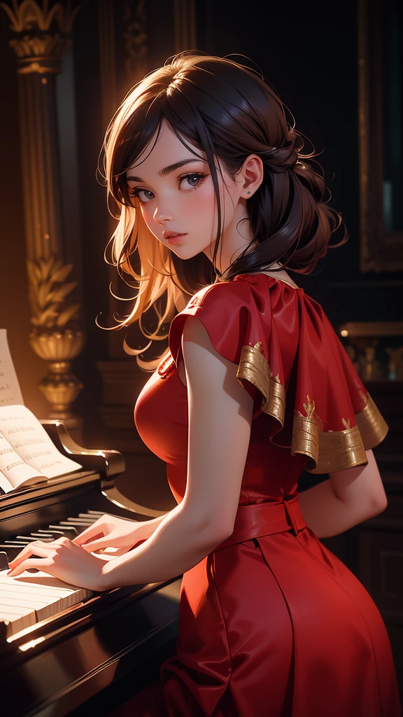 hyper realistic image of the highest quality, The perfect masterpiece, perfect work of art, 8k, a young and beautiful woman in a red dress playing piano on an illuminated stage, realistic oil painting, detailed face, detailed hands, chiaroscuro lighting, dramatic lighting, warm color tones, muted colors, elegant, cinematic, intricate details, photorealistic, 8k, high resolution, best quality, masterpiece, Annie Leibovitz style photography, ilya kuvshinov style, soft light, studio light, intricate details), majestic, aesthetic