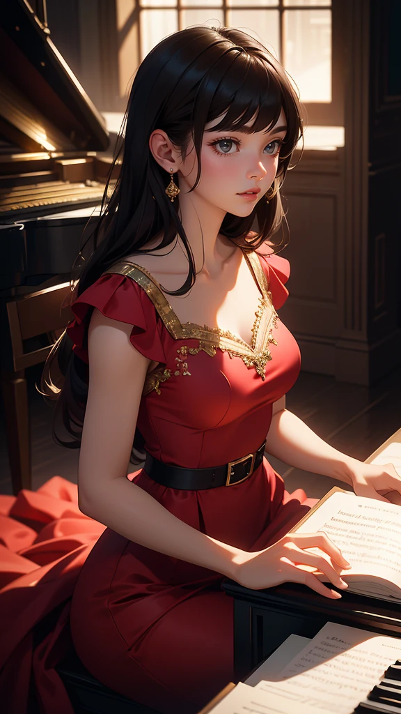 hyper realistic image of the highest quality, The perfect masterpiece, perfect work of art, 8k, a young and beautiful woman in a red dress playing piano on an illuminated stage, realistic oil painting, detailed face, detailed hands, chiaroscuro lighting, dramatic lighting, warm color tones, muted colors, elegant, cinematic, intricate details, photorealistic, 8k, high resolution, best quality, masterpiece, Annie Leibovitz style photography, ilya kuvshinov style, soft light, studio light, intricate details), majestic, aesthetic