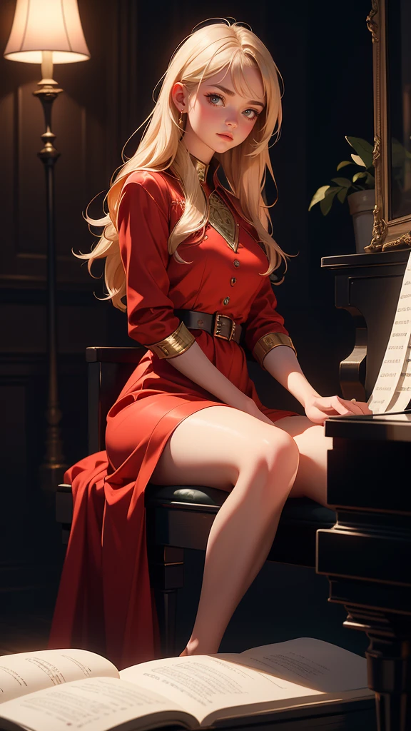 hyper realistic image of the highest quality, The perfect masterpiece, perfect work of art, 8k, a young and beautiful woman in a red dress playing piano on an illuminated stage, realistic oil painting, detailed face, detailed hands, chiaroscuro lighting, dramatic lighting, warm color tones, muted colors, elegant, cinematic, intricate details, photorealistic, 8k, high resolution, best quality, masterpiece, Annie Leibovitz style photography, ilya kuvshinov style, soft light, studio light, intricate details), majestic, aesthetic