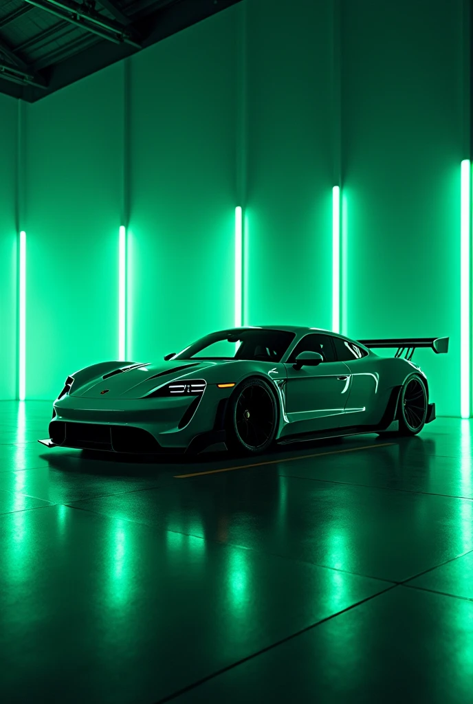 The image depicts a Porsche Taycan Turbo S sports car with a black and white color combination, suggesting a fitness sports theme. The vehicle is designed with aerodynamic features, such as a large rear wing and side air intakes, indicating its performance-oriented nature. The car's sleek body and low-profile tires contribute to its sporty aesthetic. The background has a digital effect, illuminated by green lights, that complements the car's stylized appearance and reinforces the image's minimalist theme. There are no people or indications of specific locations that would necessitate the identification of characteristics such as gender or race. , retina, precise, Masterpiece artwork, super detaill, best qualityer, awardwinning, highres, HD, 4K, 8k, 16K