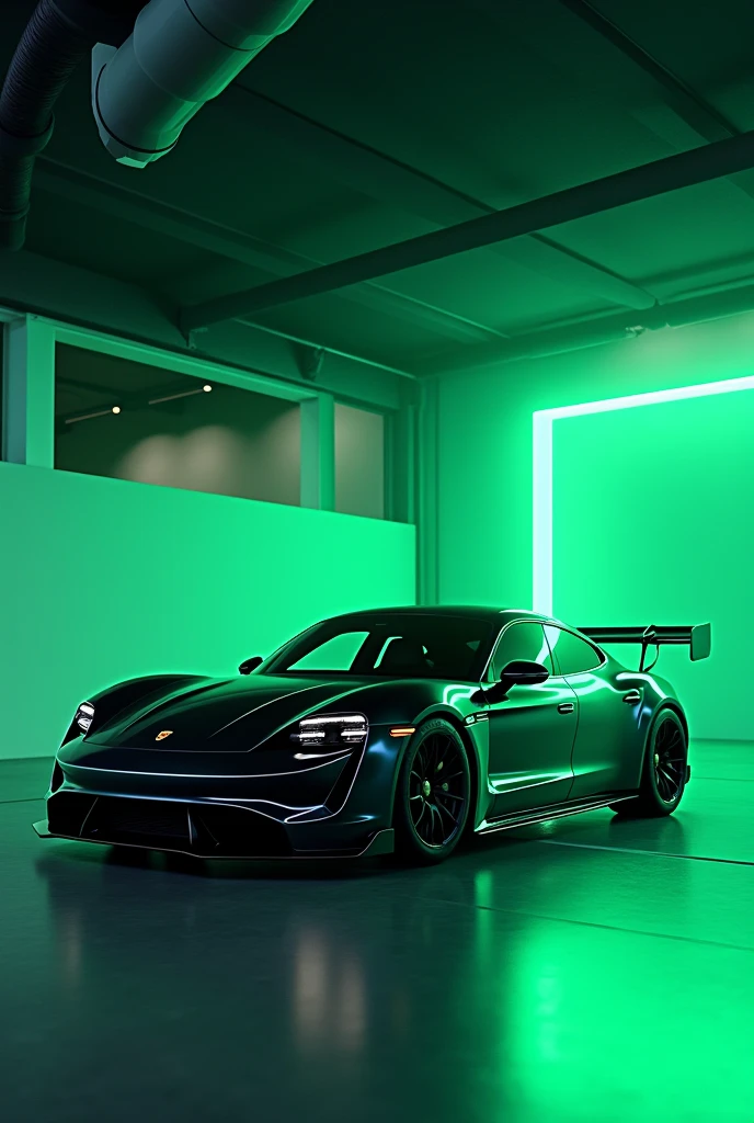 The image depicts a Porsche Taycan Turbo S sports car with a black and white color combination, suggesting a fitness sports theme. The vehicle is designed with aerodynamic features, such as a large rear wing and side air intakes, indicating its performance-oriented nature. The car's sleek body and low-profile tires contribute to its sporty aesthetic. The background has a digital effect, illuminated by green lights, that complements the car's stylized appearance and reinforces the image's minimalist theme. There are no people or indications of specific locations that would necessitate the identification of characteristics such as gender or race. , retina, precise, Masterpiece artwork, super detaill, best qualityer, awardwinning, highres, HD, 4K, 8k, 16K