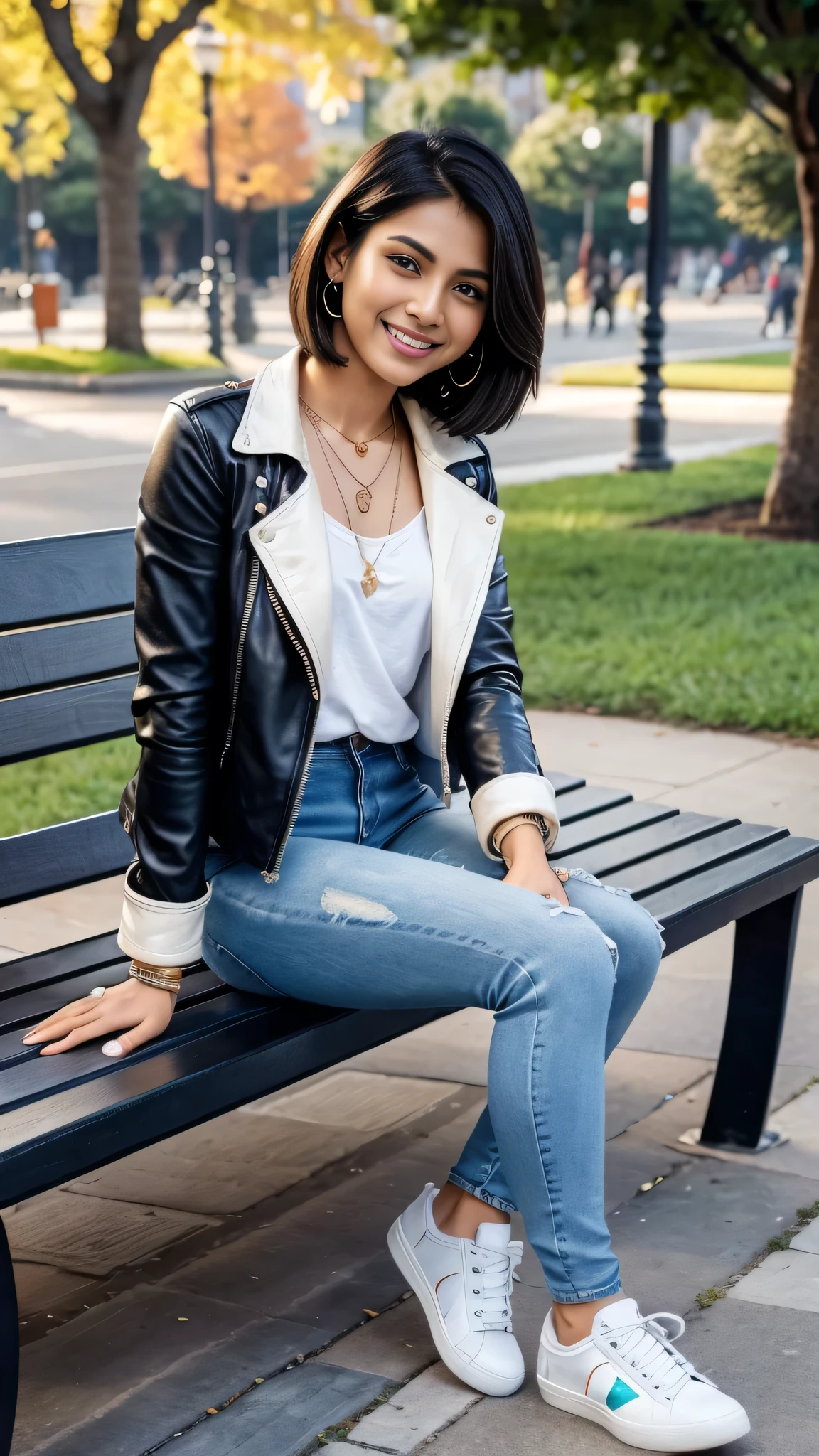 Super Resolution、Beautiful Indian Woman、Full body photo、sitting on a park bench、Short Haircut、Ear piercing、、necklace、leather jacket、shirt、Skinny jeans、I'm wearing socks、sneakers、smile、Beautiful teeth alignment
