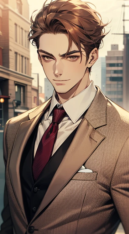 master part, best quality, Realistic, 1 men, mature male, calm and charming young man, age 25, a smirk, cloused mouth, portraite, extreme detailed face, cold smile, ((dark shaped eyes)), ((short dark brown hair swept to the right)), [bushy eyebrows], ((suit)), Handsome, distant shot, western, Jewish, light brown skin