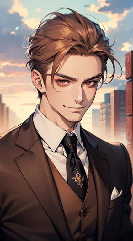 master part, best quality, Realistic, 1 men, mature male, calm and charming young man, age 25, a smirk, cloused mouth, portraite, extreme detailed face, cold smile, ((dark shaped eyes)), ((short dark brown hair swept to the right)), [bushy eyebrows], ((suit)), Handsome, distant shot, western, Jewish, light brown skin