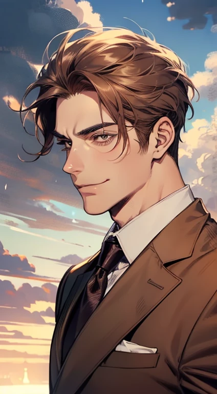 master part, best quality, Realistic, 1 men, mature male, calm and charming young man, age 25, a smirk, cloused mouth, portraite, extreme detailed face, cold smile, ((dark shaped eyes)), ((short dark brown hair swept to the right)), [bushy eyebrows], ((suit)), Handsome, distant shot, western, Jewish, light brown skin