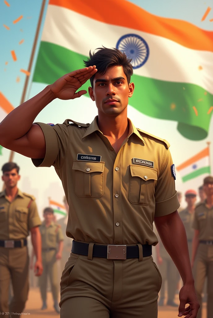 22 year old muscles Indian boy is celebrating Independence Day on 15th August 2024. His name Vivek is written on his uniform or he is saluting the Indian flag or he is wearing the uniform of the Indian flag or he is facing on indian flag