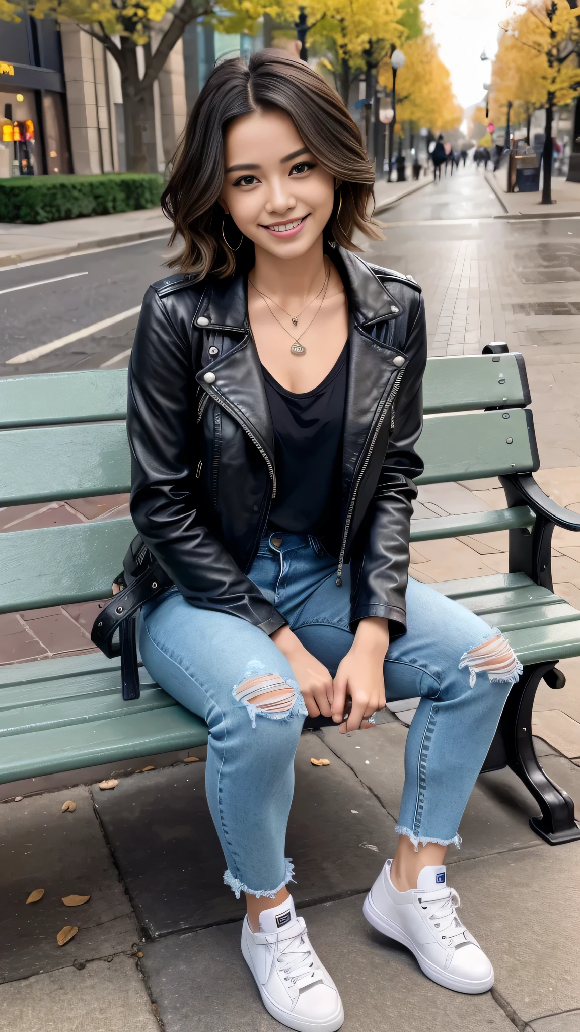 Super Resolution、Beautiful Caucasian Woman、Full body photo、sitting on a park bench、Short Haircut、Wavy Hair、Ear piercing、、necklace、leather jacket、shirt、Skinny jeans、I'm wearing socks、sneakers、smile、Beautiful teeth alignment