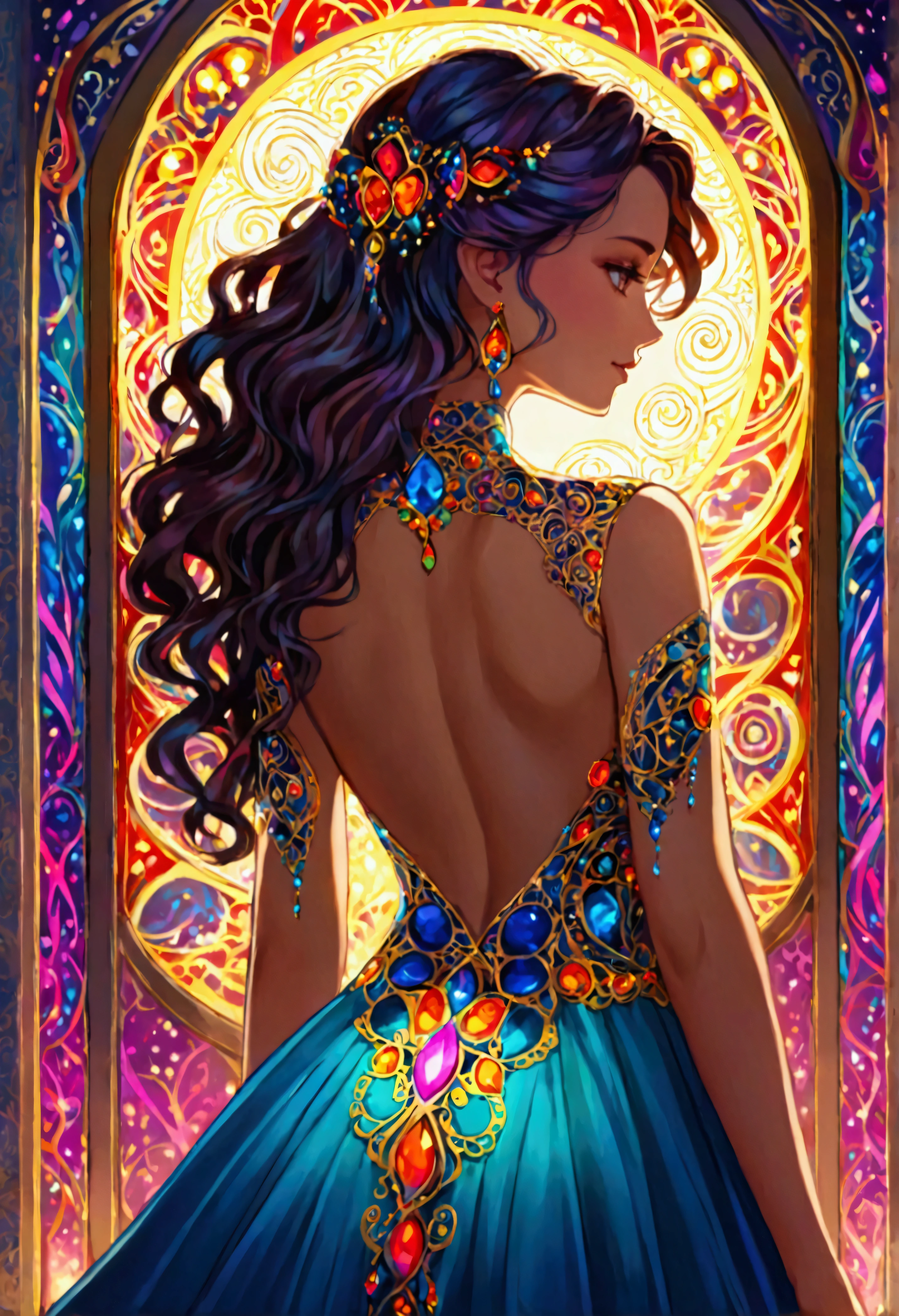Can you creat a woman looking at something showing her back with wavy hair