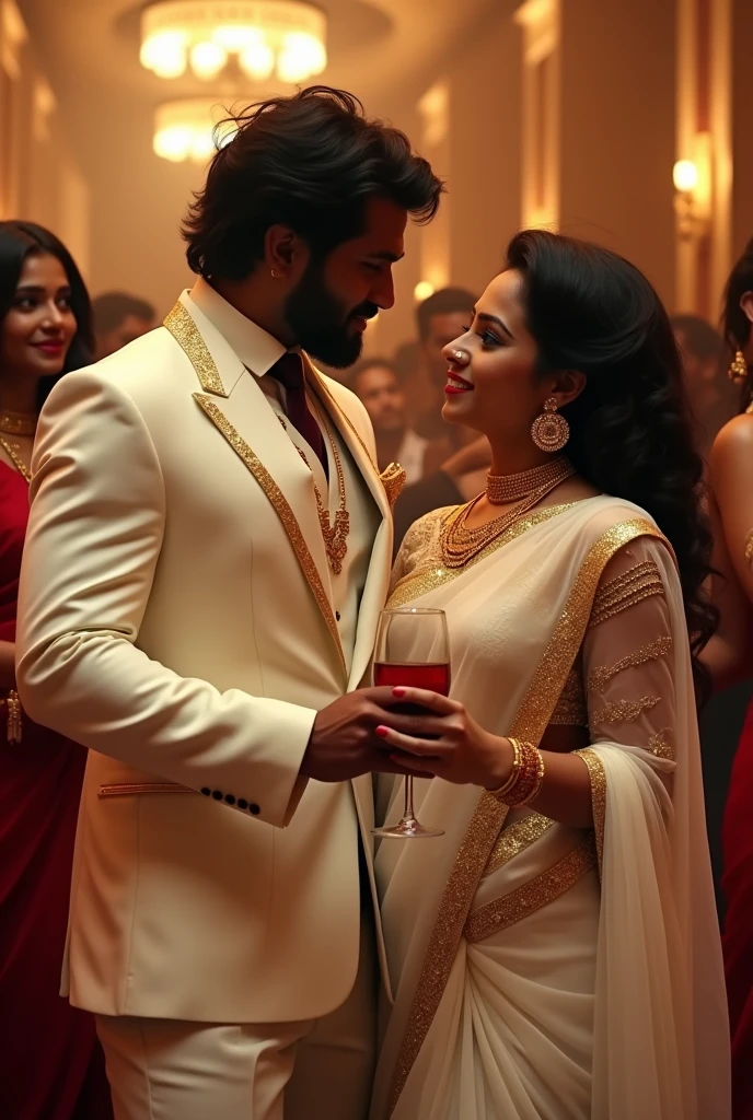Create a realistic, cinematic couple video of party hall wine club , a dark skin,tall, slender thin body South Indian man messy brushed-up hair, dressed in a regal white suit adorned with golden armament, and his curvaceous, chubby body,fair-skinned hot wife,haircut with a long angular comb-over, adorned in a full sleeve thin see through queen saree with Full sleeve queen full sleeve deep v neck net jacket matching white ensemble with golden accents and a golden diamond necklace ,gold bracelet, couple drinking wine with wine glass Full of wine, Couple dancing for the rap south indian Tamil song "Sorgam madhuvilaeSokkum azhagilaeMadhu tharum sugam sugamEdhil varum nidham nidham", from the movie sattam en kayil , Pan shot ,ultra long shot