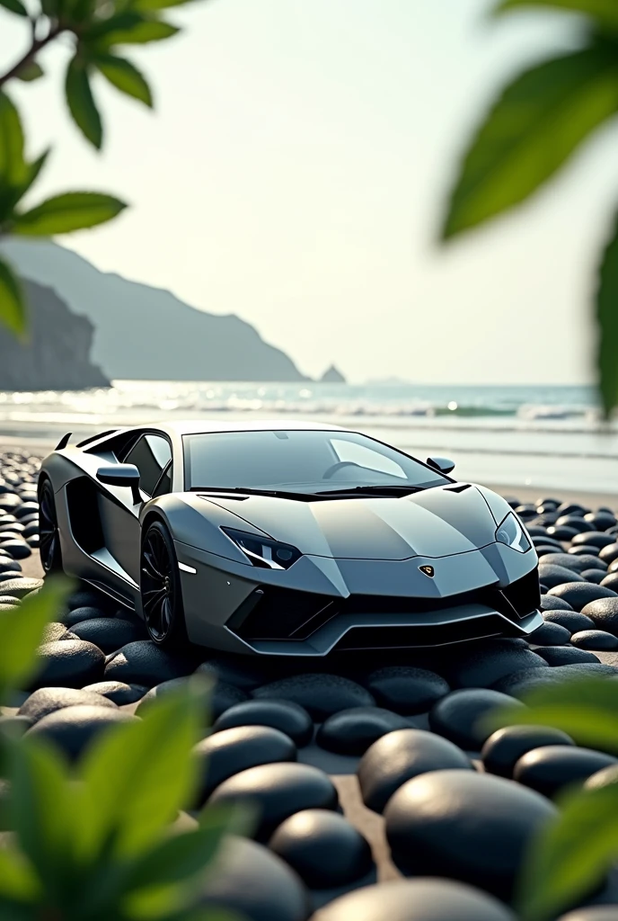 I want an image of a lead-colored Lamborghini Aventador 12000 with small mint leaves around it and a beach background and that it is on some beautiful shiny black stones.
