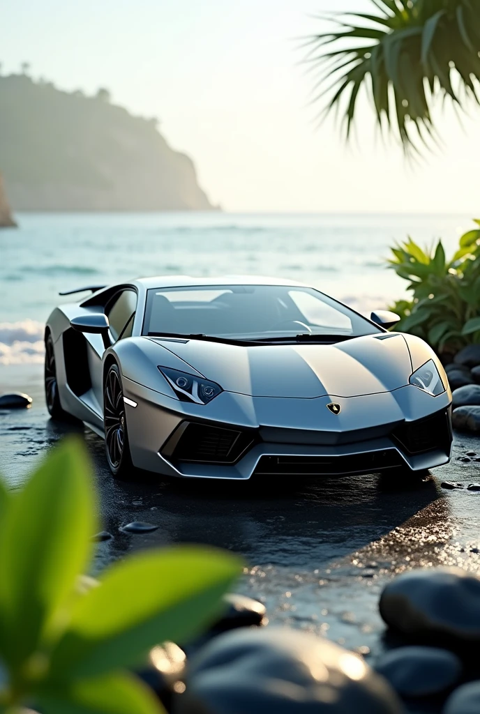 I want an image of a lead-colored Lamborghini Aventador 12000 with small mint leaves around it and a beach background and that it is on some beautiful shiny black stones.