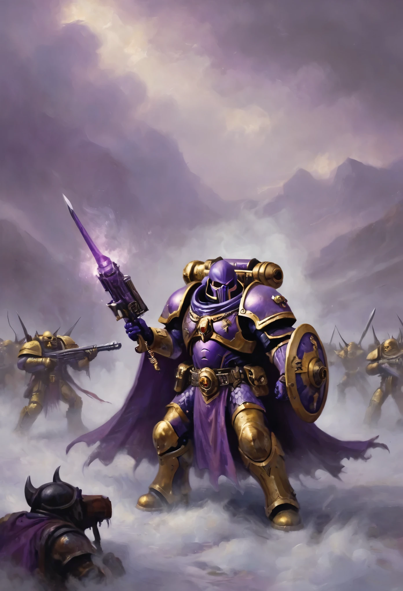 warhammer 40k, a chaos space marine of Slaanesh (purple armor, gold trim, violet cape) emerges from a mysterious fog on the battlefield, boltgun slung on his back