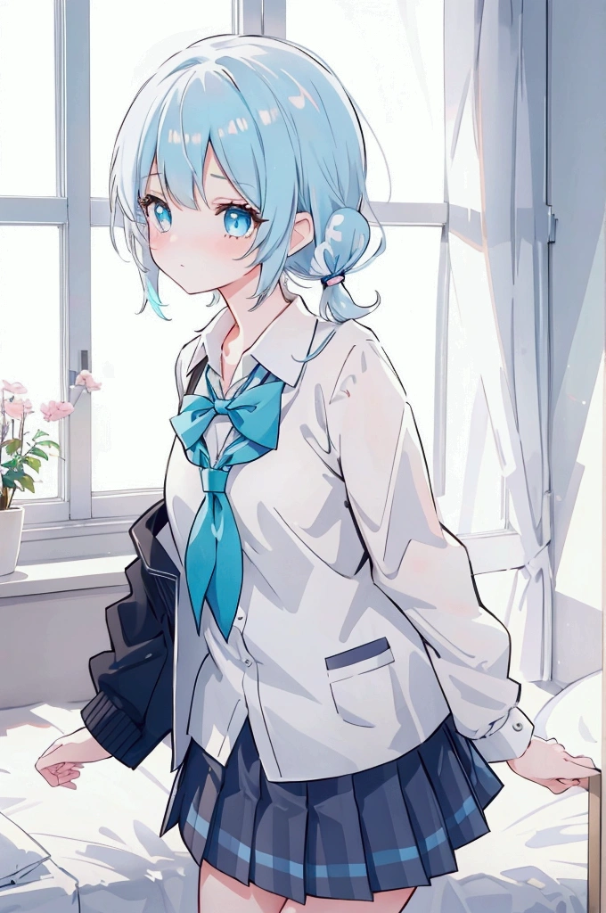 1girl, cute bashful schoolgirl, school uniform, short white hair, side ponytail, short skirt blowing in the wind, on bed, very expressive cyan eyes, short stature, front view, best quality, 8k, highres, masterpiece, ultra-detailed, realistic, photorealistic, professional, vivid colors, studio lighting, physically-based rendering, sharp focus