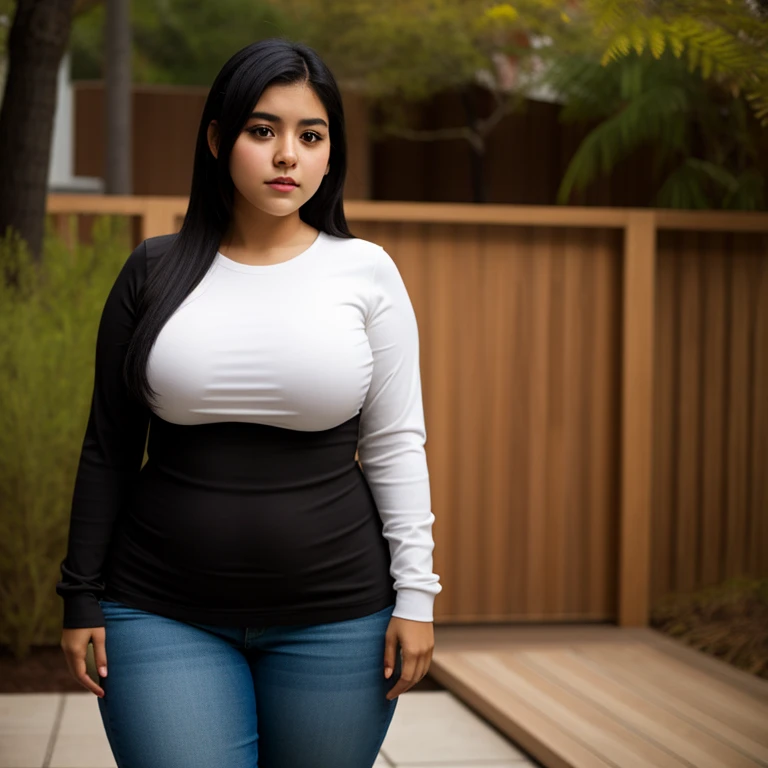 body photo, beautiful detailed, cute face, short, mexican teen, slightly chubby, long black hair, black hair over one eye, long sleeve plain T-shirt, long pants, fat wide hips, solo,