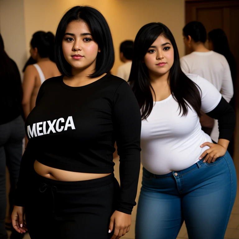 body photo, beautiful detailed, cute face, cute mexican teen, slightly chubby hips, short black hair, black hair over one eye, long sleeve plain T-shirt, long pants, fat curvy wide hips, solo,