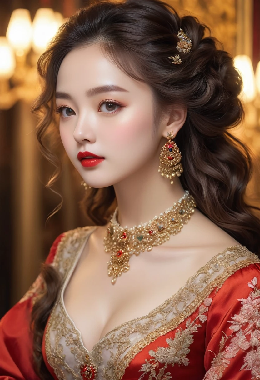 (best quality,4K,8K,high resolution,masterpiece:1.2),Extremely detailed,(Practical,photoPractical,photo-Practical:1.37),portrait,,Pastel,personalized masterpiece,18th century,Russian,noble,girl,noble Daughter,20 years old,Extremely beautiful,Face,富有表现力的Eye,Delicate nose,Sweet mouth,Porcelain skin,红扑扑的Face,flowing curls,Silk dress,solemn gesture,Fine Jewelry,Embroidered lace collar,Grand Background,Rich interior,Faint golden light,Large Breasts, detailed Face, Long eyelashes, Red lip gloss, Eye, open mouth,