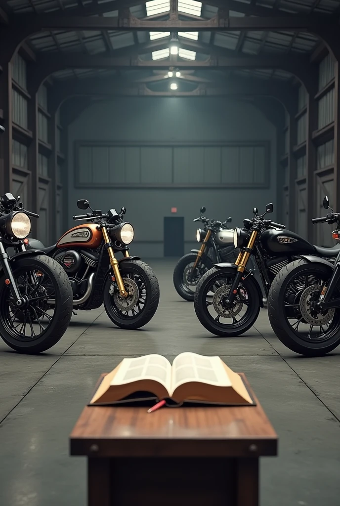 You are my professional image generator. Por favor, create the image of four custom motorcycles in a large warehouse. In front of the motorcycles, a small table. On top of the small table, an open holy bible.