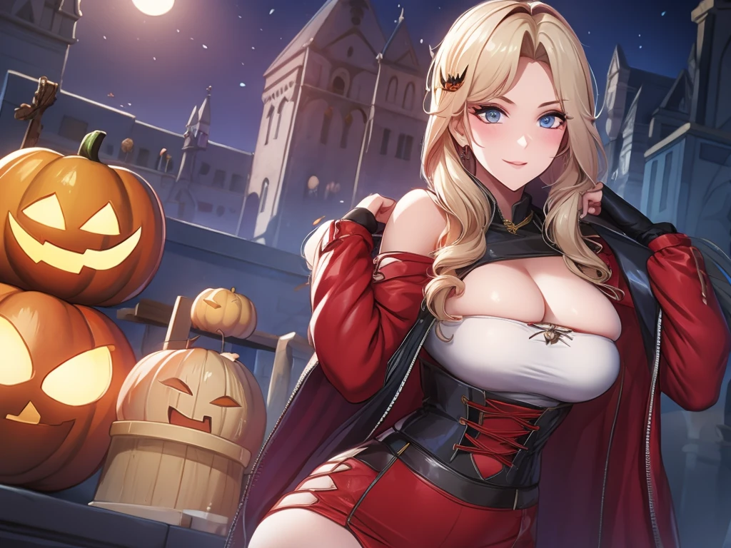 High detailed, 4 womans in Halloween Clothes, busty, matching physique, matching hairstyles, posing as bosses, group of 4 womans