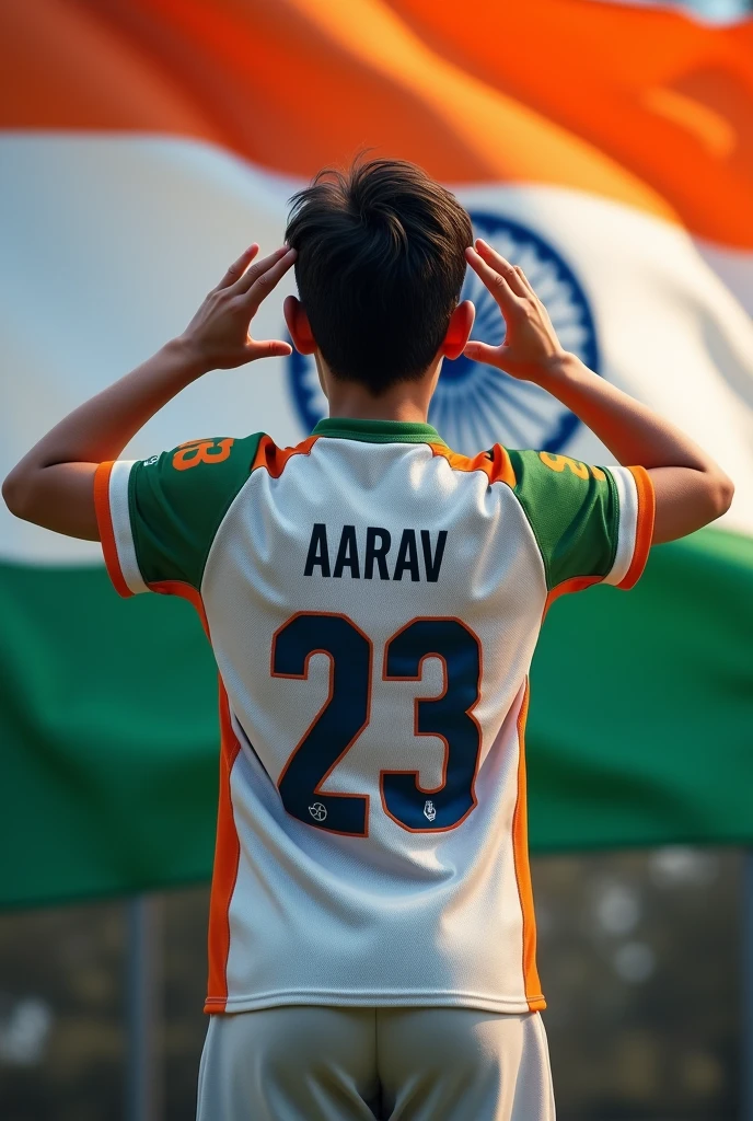 Back of a  boy wearing Indian jersey on which Aarav written and the jersey number is 23 saluting towards the Indian flag