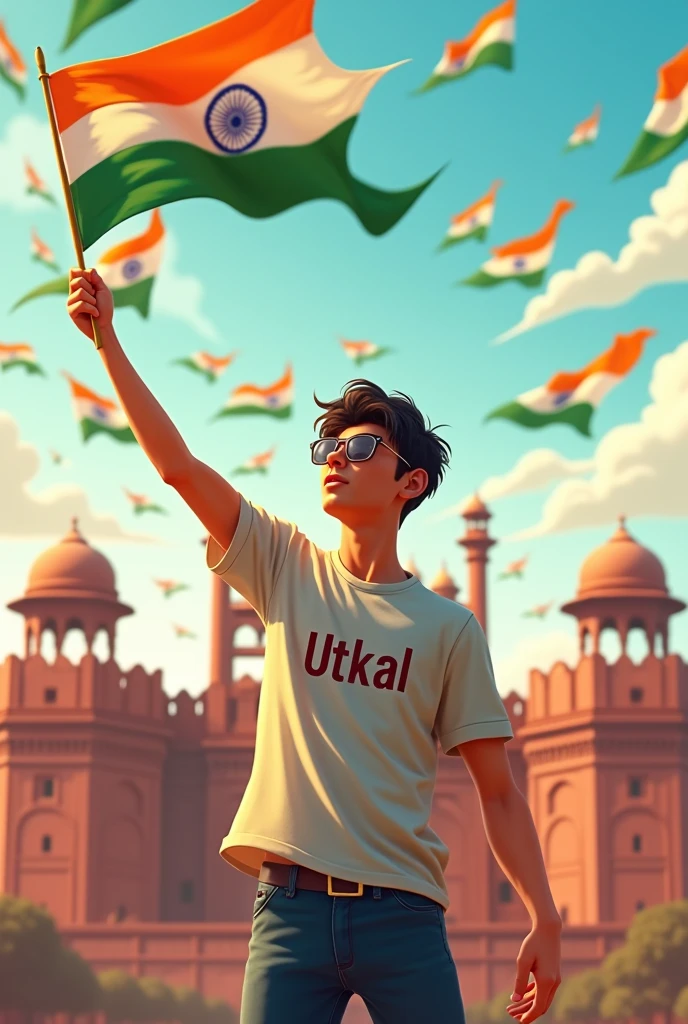 Make a  19 years animated men character he wear a sunglasses at celebrate independence day at red fort and his name is ,,Utkal write on his t shirt and many indian flag fly in red fort and he fly indian flag on his hands 