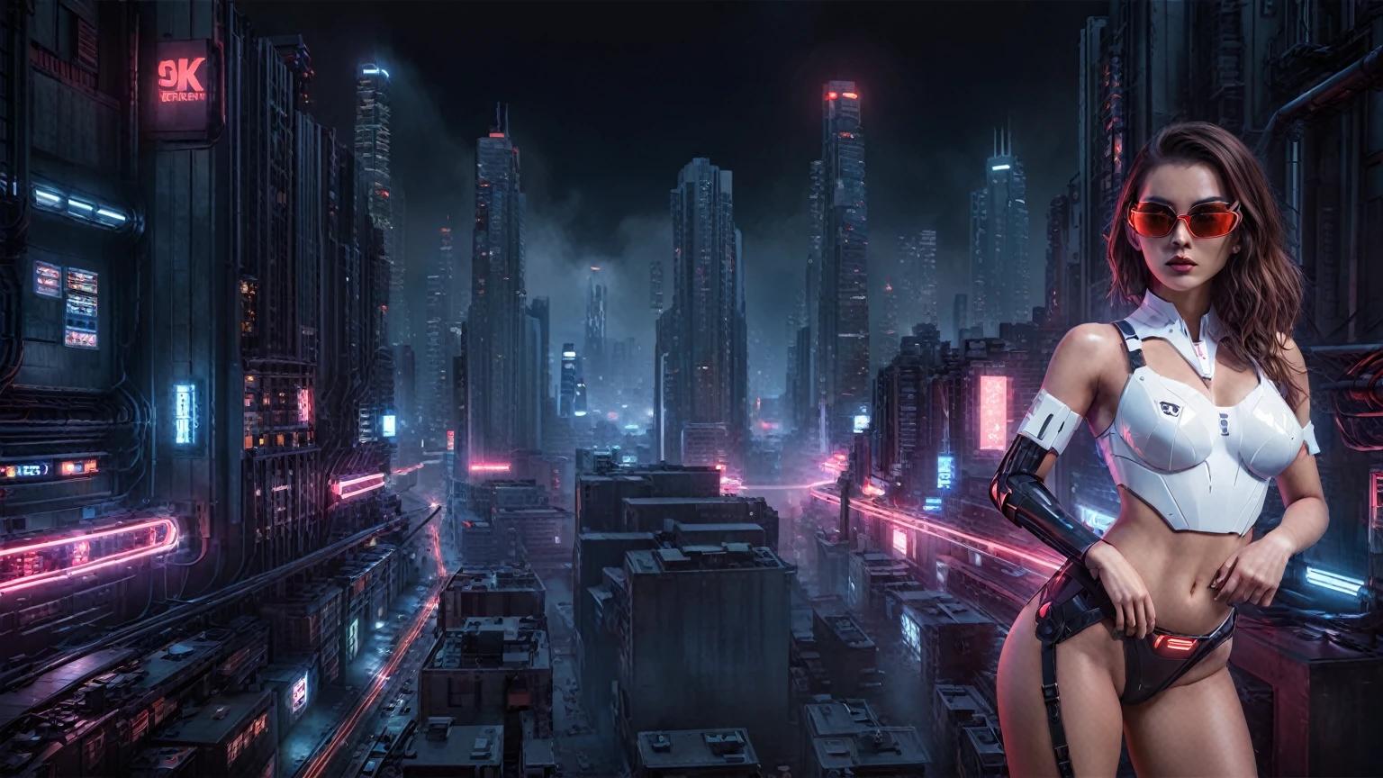 (High view). There's a cyborg woman (8k) wearing a futuristic leotard (best quality) standing in a cyberpunk city alley at night, darksynth aesthetic, red neons, haze, 1drone, foggy night, ultra detailed, photorealistic, (1girl, solo, alone), large-breast:1.2 slim body, cleavage:1.1, (black sunglasses), (holding a pistol), half-body thigh level medium shot, cinematic lighting, ray tracing.