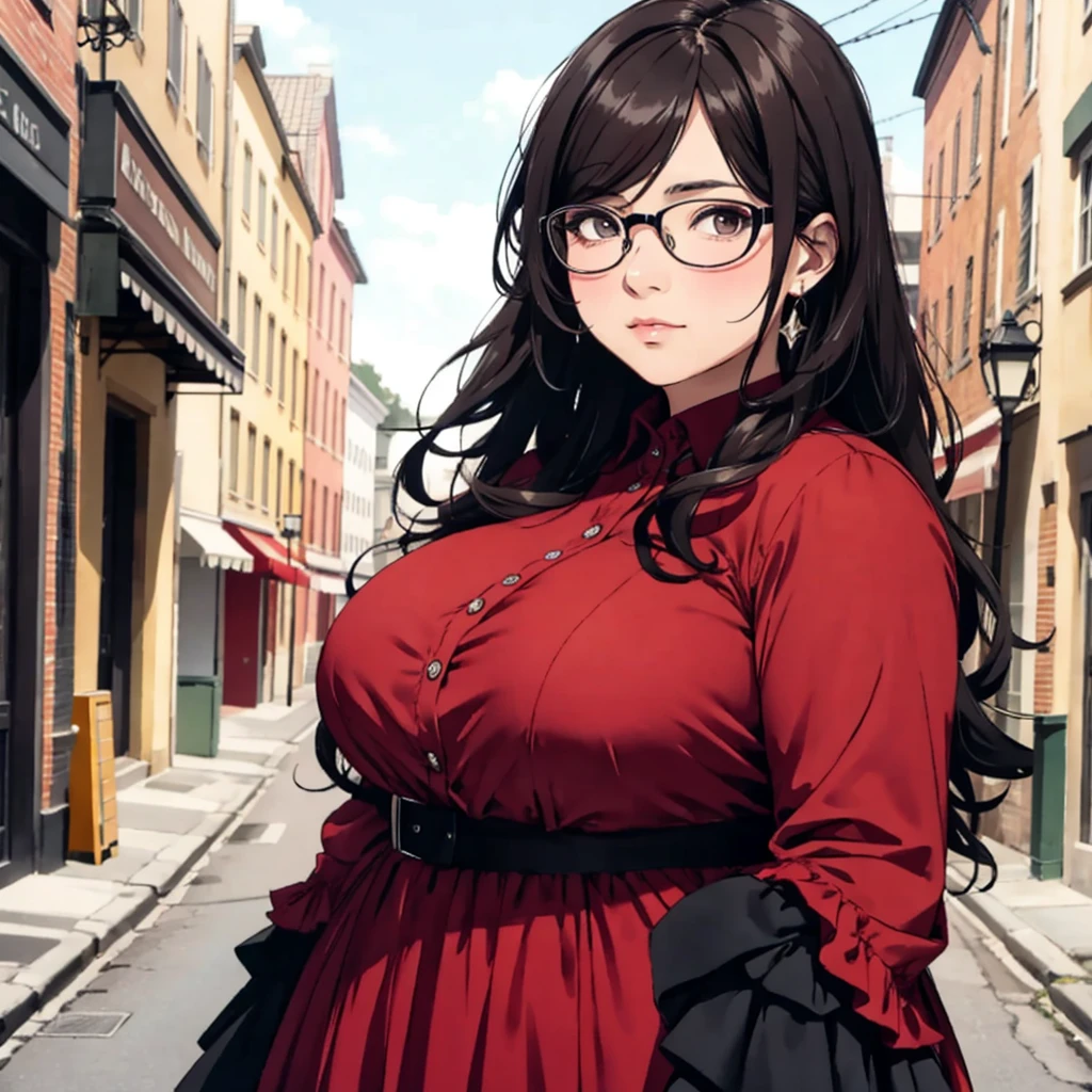 A tired chubby woman wearing a formal colorful dress. Large glasses. Long black hair. Dull brown eyes. Detailed sub-urban background. Portrait. ((best quality)), ((masterpiece)), (detailed), 1girl.