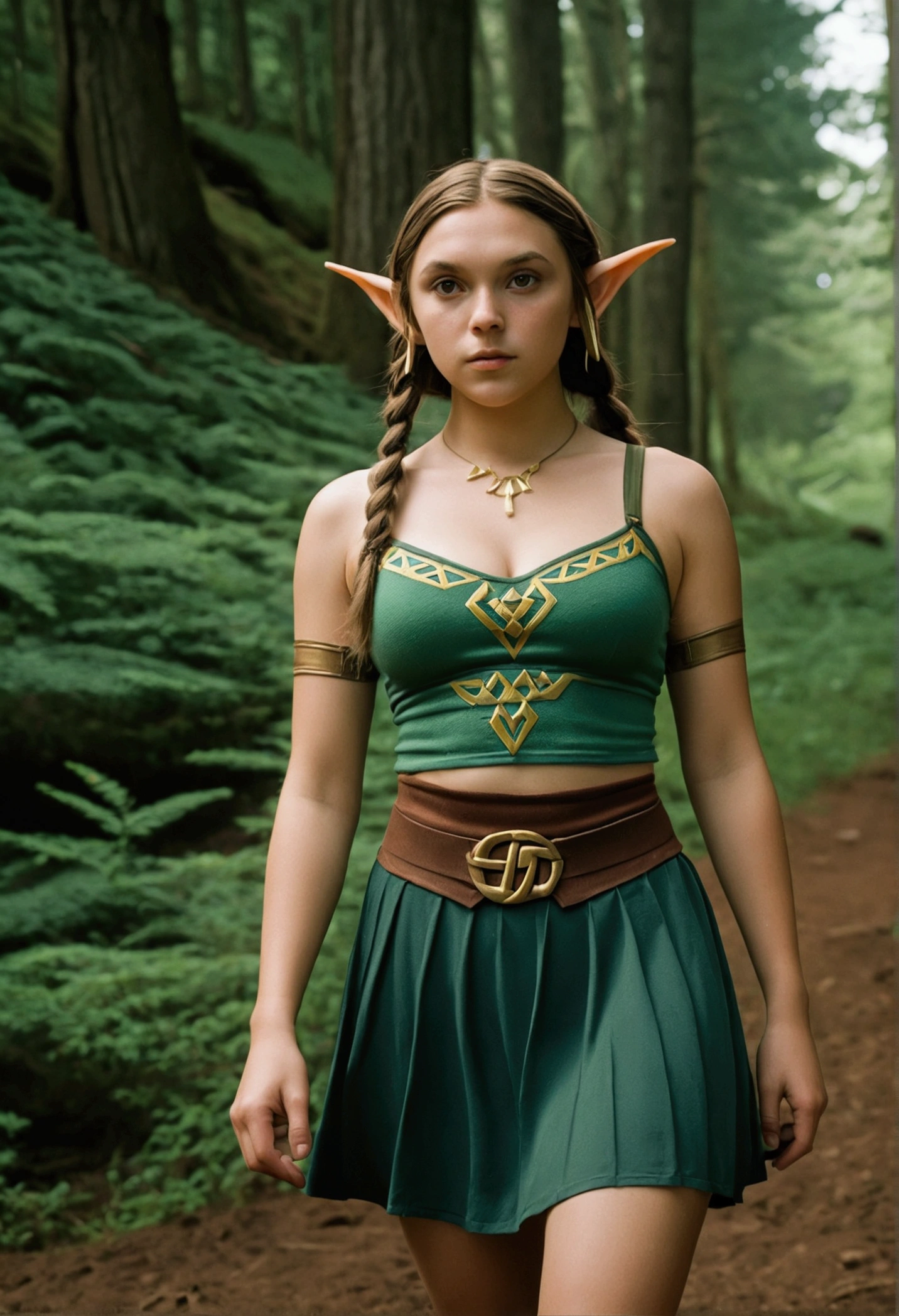 analog film photo, photo of a Hylian girl, elf ears, honey eyes, wild brunette hair, tan complexion, tall stature, athletic, voluptuous hourglass figure, busty bosoms, full hips, plump round buttocks, wearing a bralette and a skirt, strolling through Hyrule's wilderness, resembles Millie Bobby Brown, RAW Photograph, dslr, soft lighting, high quality, film grain, Fujifilm XT3, detailed skin with visible pores, insane details, masterpiece, 8k, 35mm photograph, dslr, kodachrome, faded film, desaturated, grainy, vintage, Lomography, stained, highly detailed, found footage, close-up shot, elven ears
